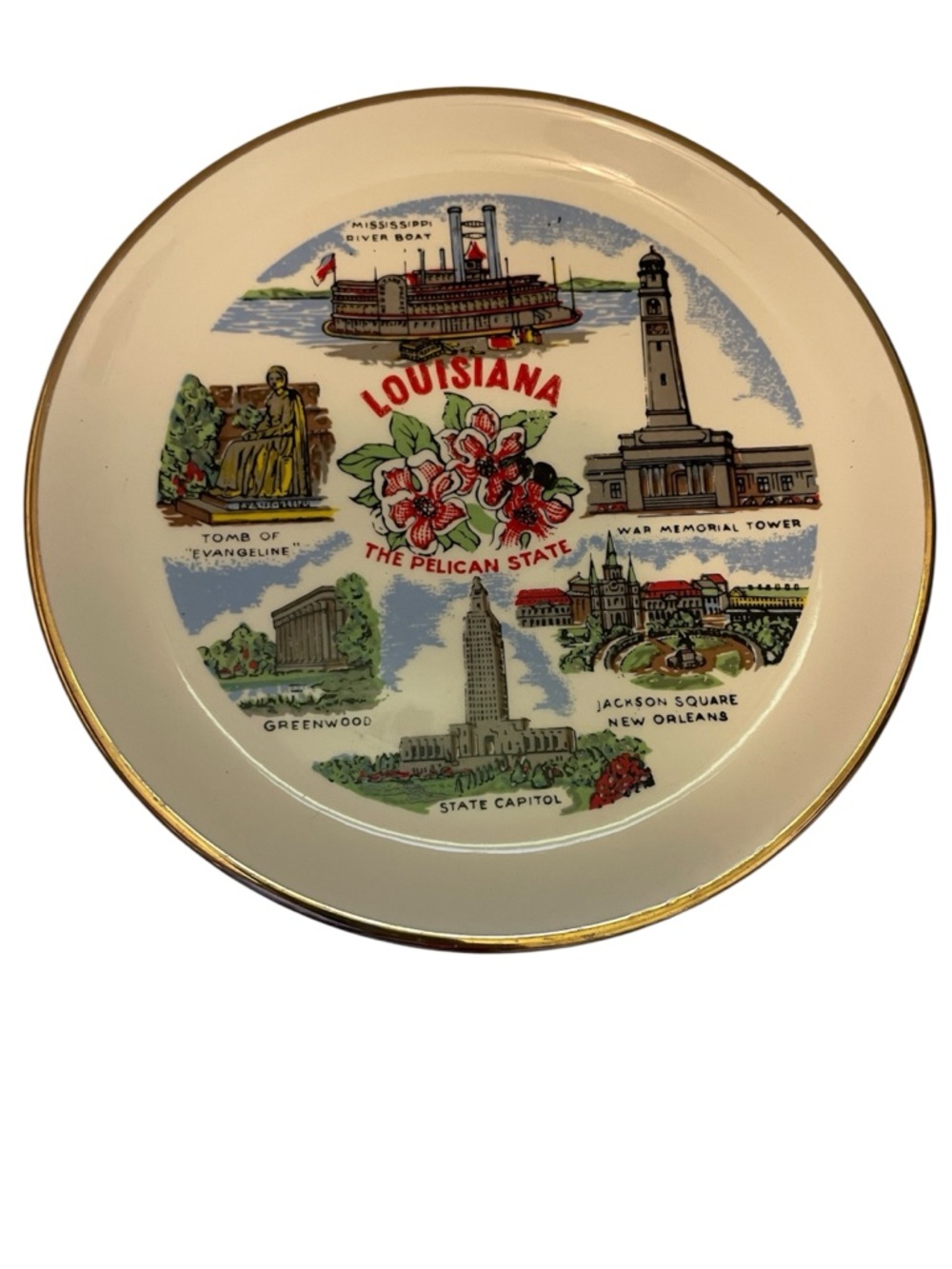 Vintage Louisiana Souvenir Decorative Plate with Gold Rim Collectable 7.25 in